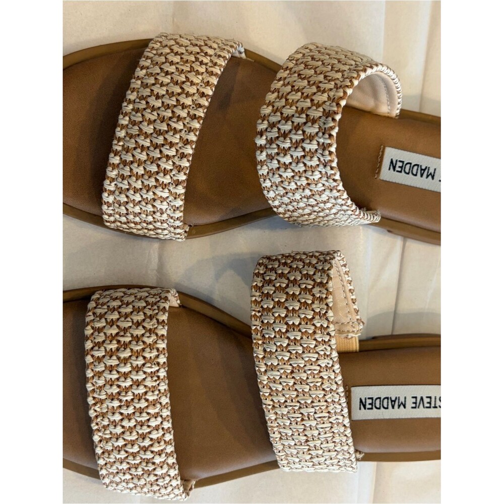 Steve Madden Two-Band Woven Slide Sandals in Beige and Tan